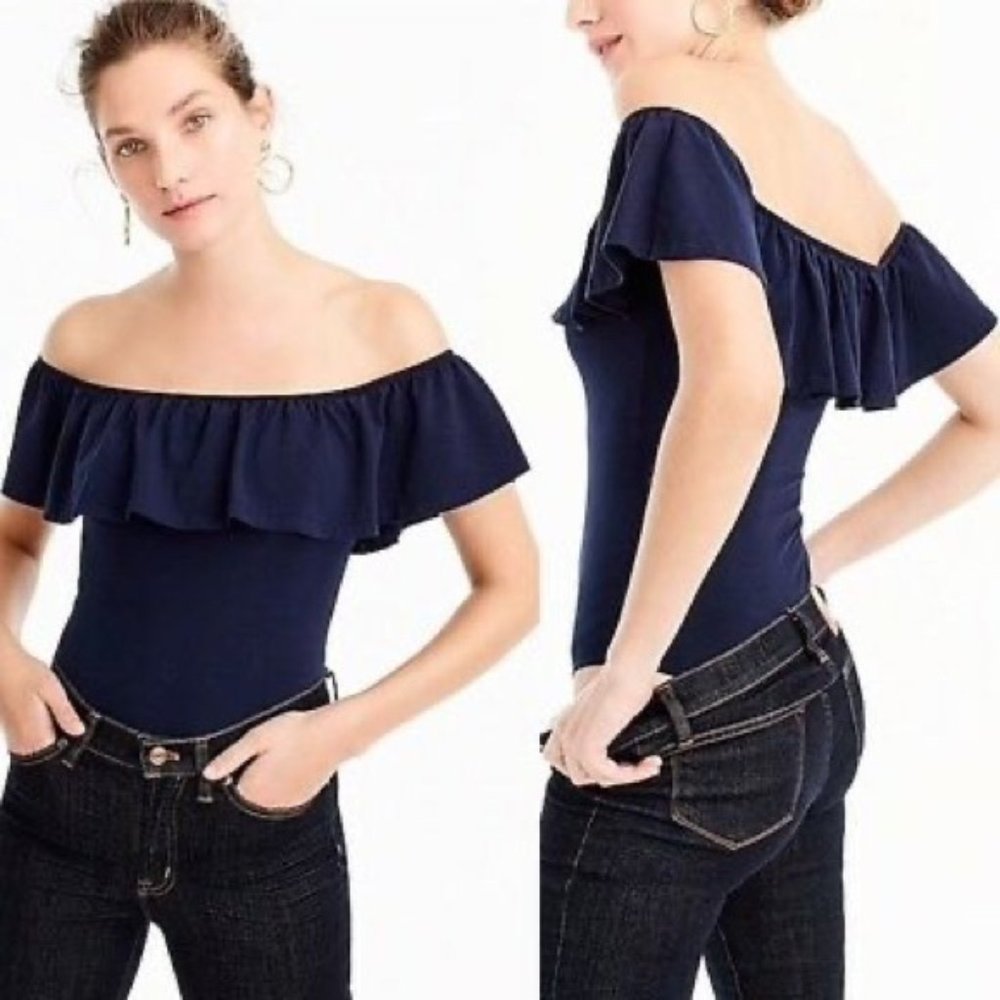 J.Crew Short Sleeve Ruffle Off The Shoulder Bodysuit Navy Blue